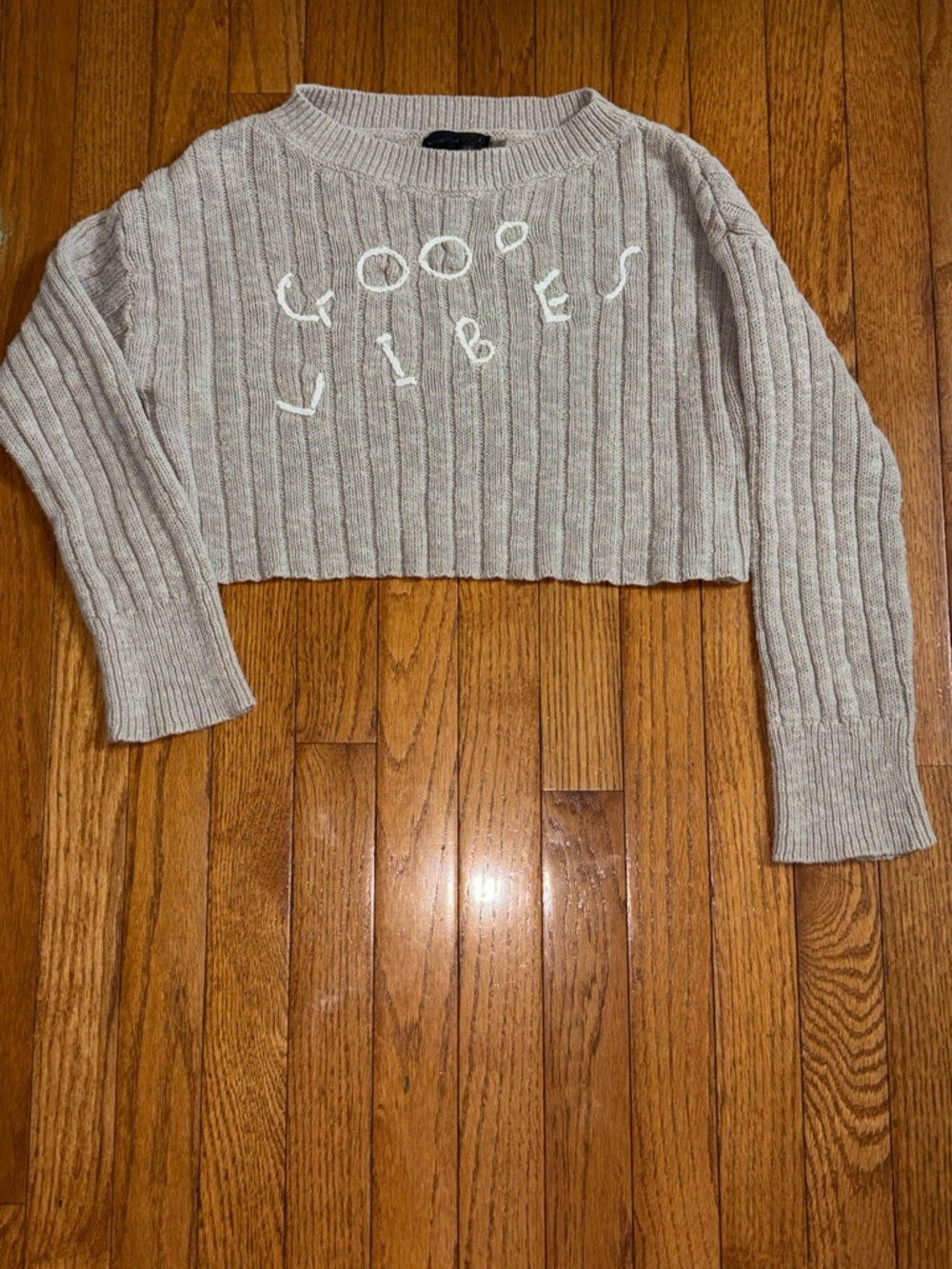 Cropped Ribbed Crewneck Sweater - Light Beige Good Vibes